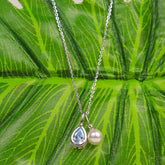 Silver Hanging Pear Shape Blue Sapphire Drop With Pearl Pendant With Chain